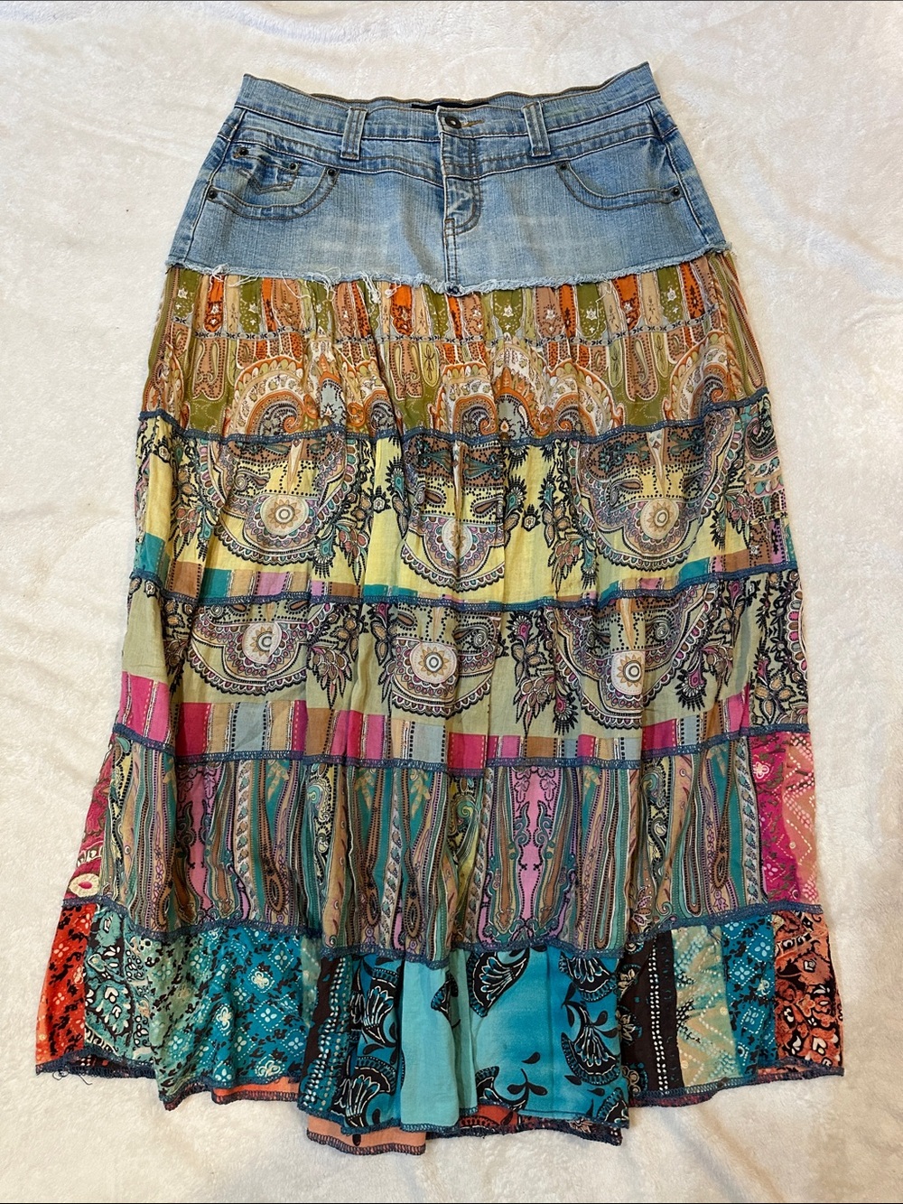Y2K Vanilla Star Jeans Low Rise Denim Tiered Patchwork Maxi Skirt 11 Boho
